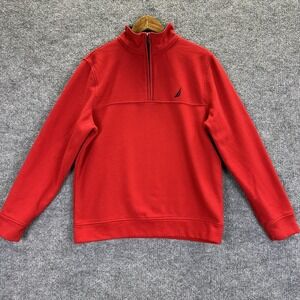 Nautica Quarter Zip Sweater Mens Medium Red Pullover Logo Fleece Warm Casual